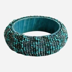 8" Artisan Studio Turquoise Seed Beaded Bangle Bracelet Good Plus Condition